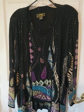 A Touch Of Class Black Cardigan/matching Tank with Purple, Teal&Cream Boho Print